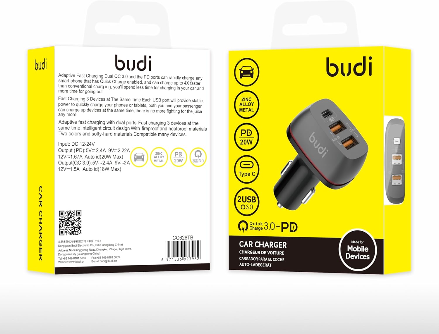 Budi - 3 Port Car Charger, 2x USB-A, 1x USB-C - CC626TB